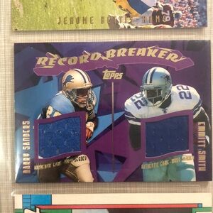 NFL football card Barry sanders Emmitt Smith authentic game worn jerseys on card